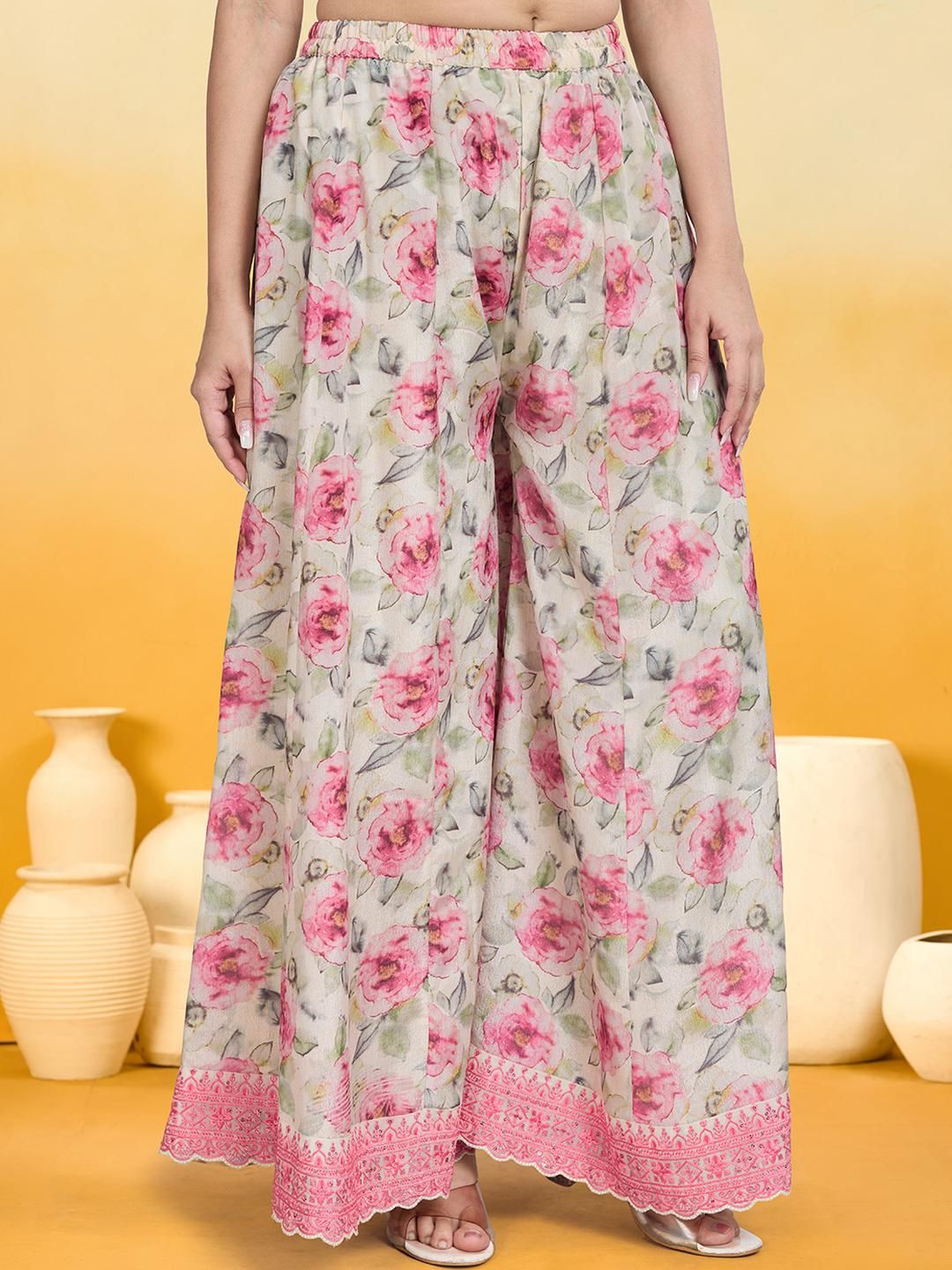 Dhiyona KL Women Floral Embroidered Thread Work Kurta with Sharara & Dupatta