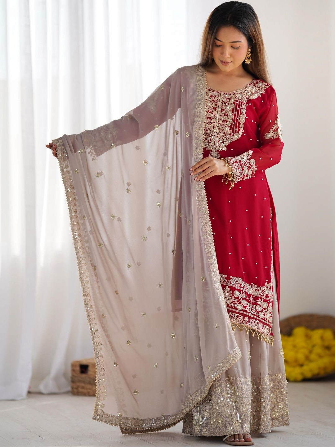 Dhiyona KL Women Ethnic Motifs Embroidered Regular Gotta Patti Kurta with Sharara & With Dupatta