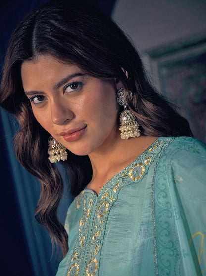 Dhiyona CH Floral Embroidered Pleated Sequinned Kurta With Trousers & Dupatta