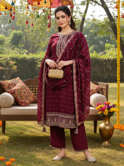 Dhiyona KL Floral Embroidered Sequinned Kurta with Palazzo & Dupatta