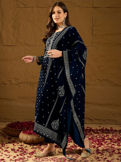 Dhiyona PD Women Embroidered Velvet Straight Kurta With Trousers And Dupatta