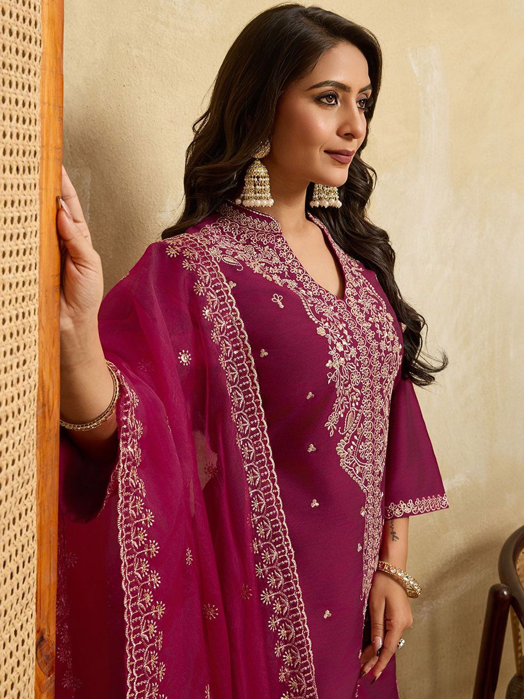 Dhiyona HOP Floral Embroidered Mandarin Collar Sequinned Kurta With Sharara & Dupatta