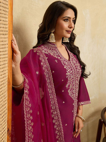 Dhiyona HOP Floral Embroidered Mandarin Collar Sequinned Kurta With Sharara & Dupatta