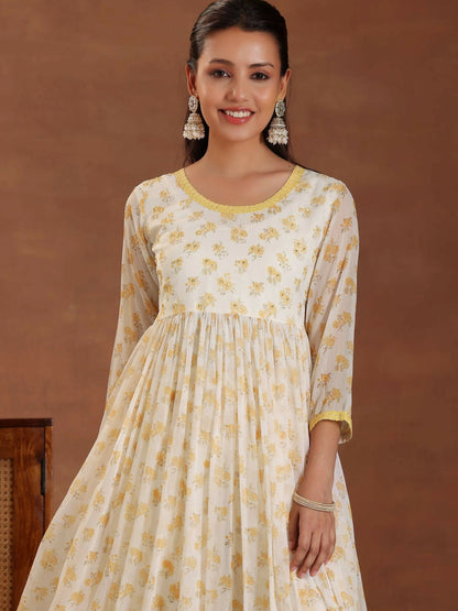 Women's LB Off white Printed Poly Chiffon A-Line Kurta With Sharara & Dupatta