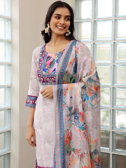 Women's LB Grey Printed Linen Straight Suit With Dupatta