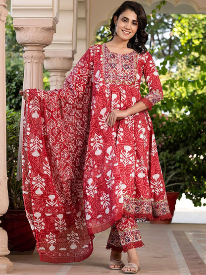 Dhiyona KL Floral Printed Mirror Work Pure Cotton Anarkali Kurta With Trouser & Dupatta