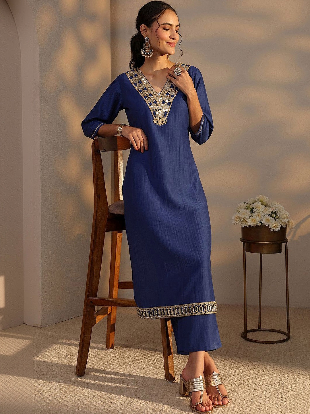 Blue Mirror Work Yoke Design Straight Kurta Set