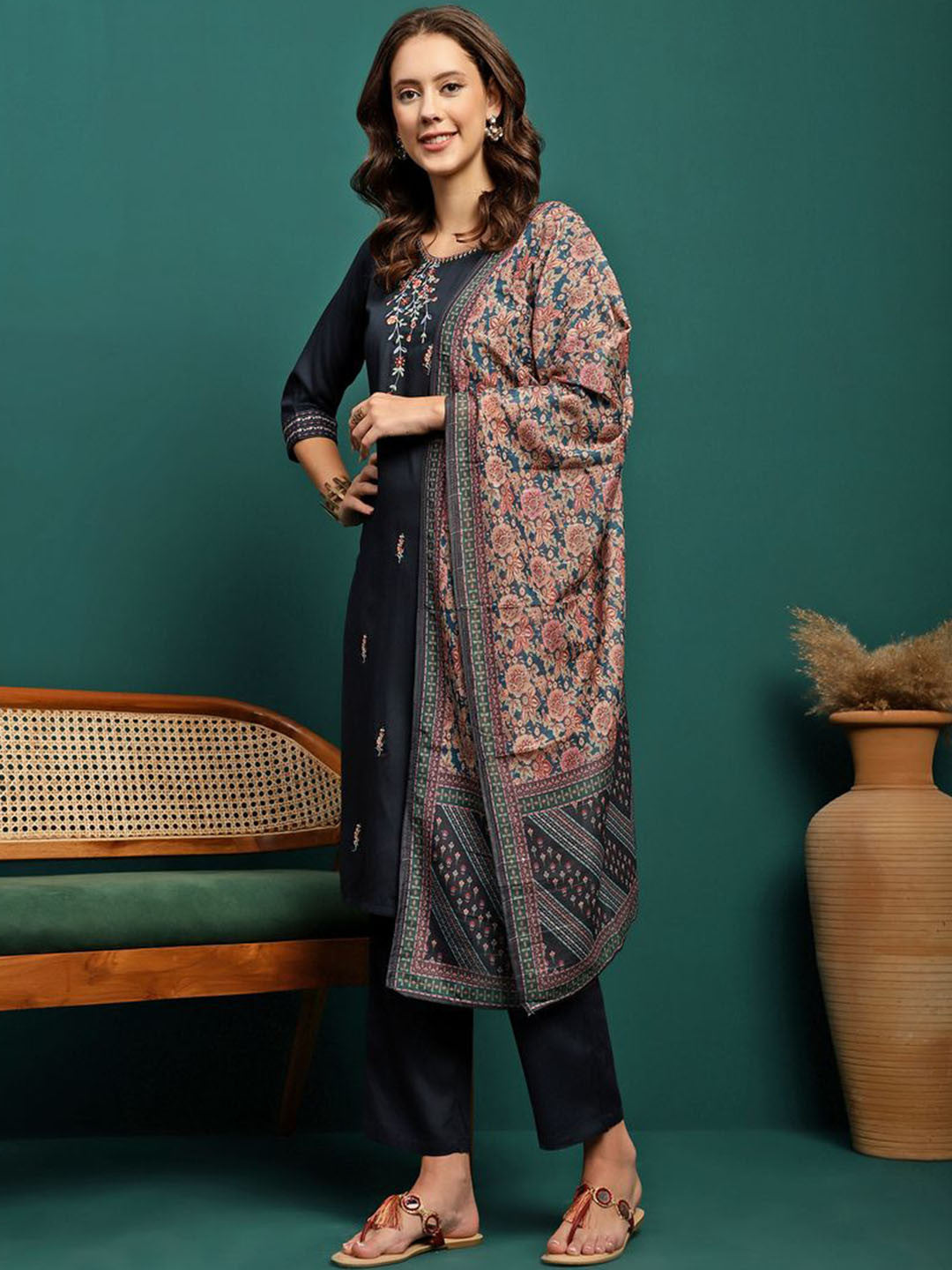 Floral Embroidered Thread Work Kurta with Trousers & Dupatta