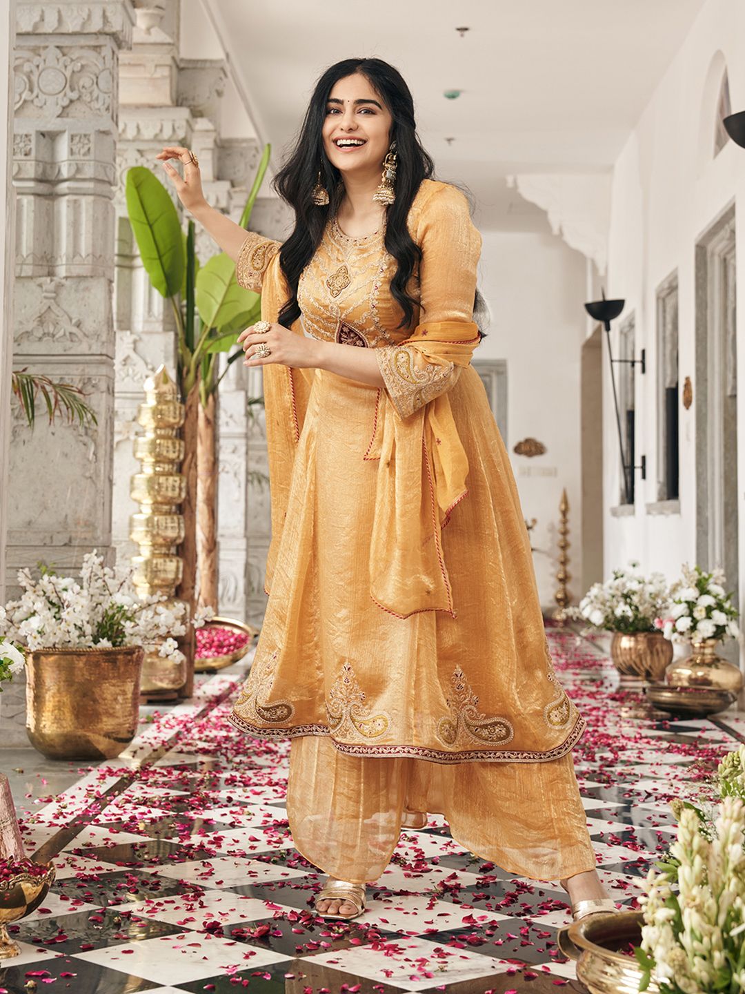 Dhiyona CH Women Ethnic Motifs Embroidered Regular Thread Work Kurta with Palazzos & With Dupatta