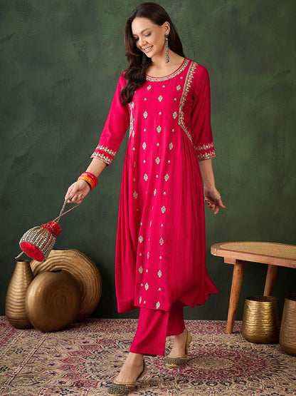 Dhiyona SN Women's Floral Embroidered Round Neck Sequinned Anarkali Kurta With Trousers