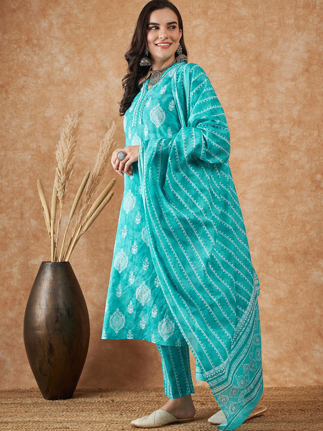 Ethnic Motifs Printed Pure Cotton Kurta With Trousers & Dupatta
