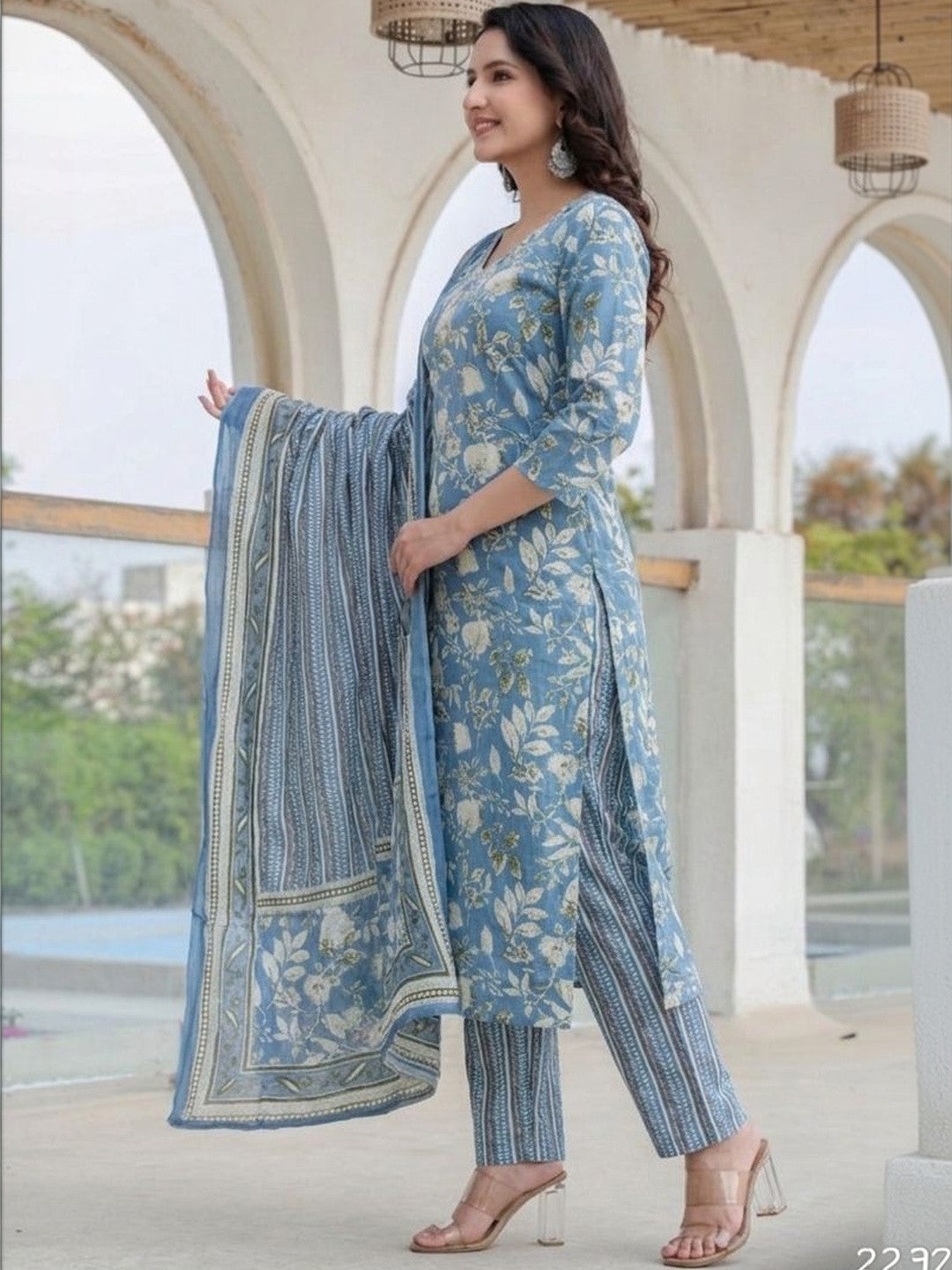 Embroidered Pure Cotton V-Neck Kurta & Harem Pants With Dupatta