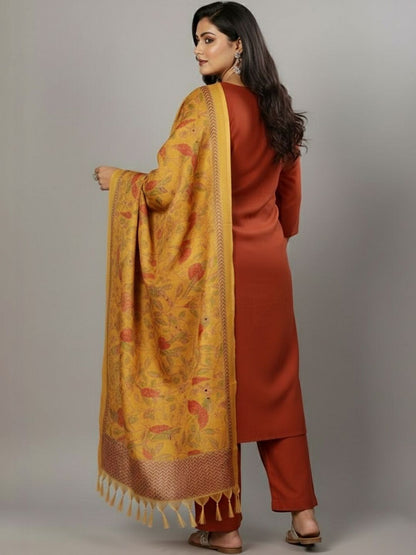 Rust Women Floral Regular Kurta with Trousers & With Dupatta