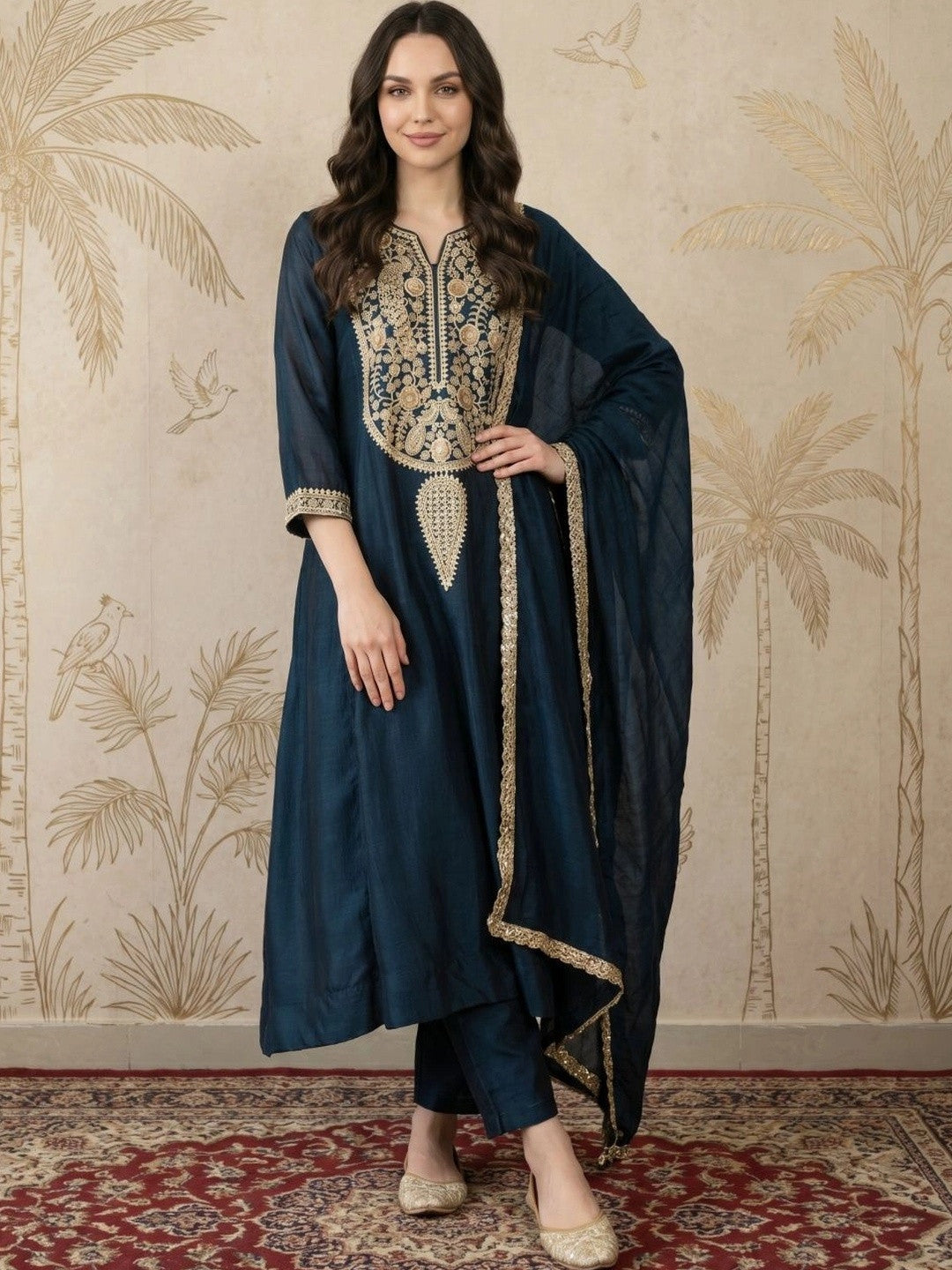 Women Ethnic Motifs Embroidered Regular Kurta with Trousers & With Dupatta