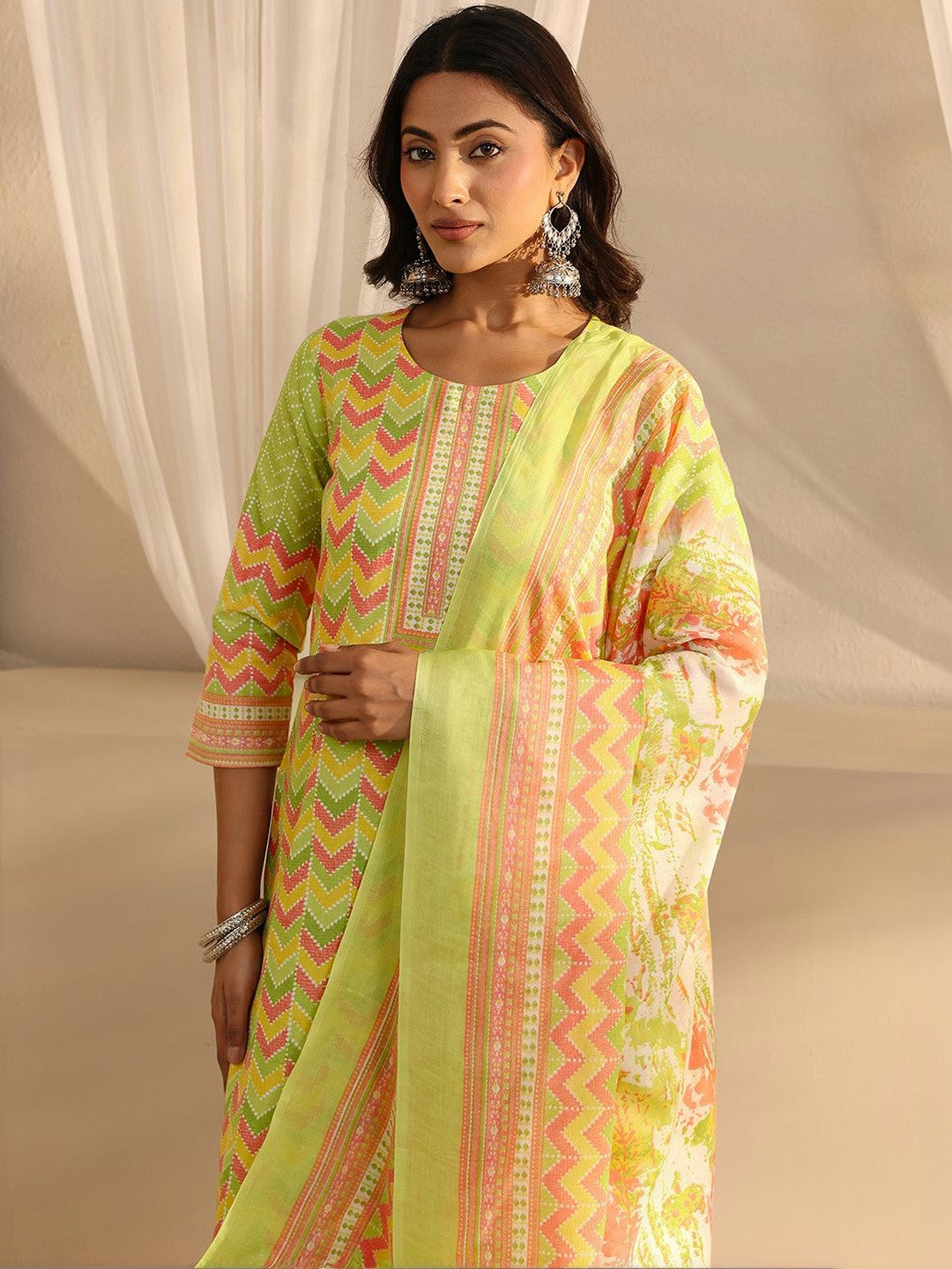 Libas Green Chevron Printed Straight Suit Set with Dupatta