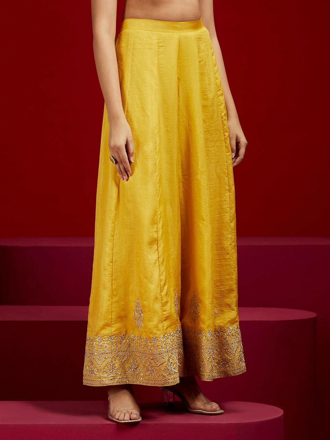 Women's LB Art Yellow Embroidered Silk Straight Suit With Dupatta