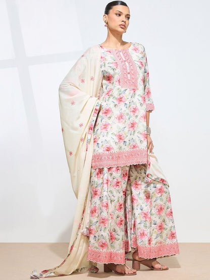 Dhiyona KL Women Floral Printed Regular Thread Work Kurta with Palazzos & With Dupatta