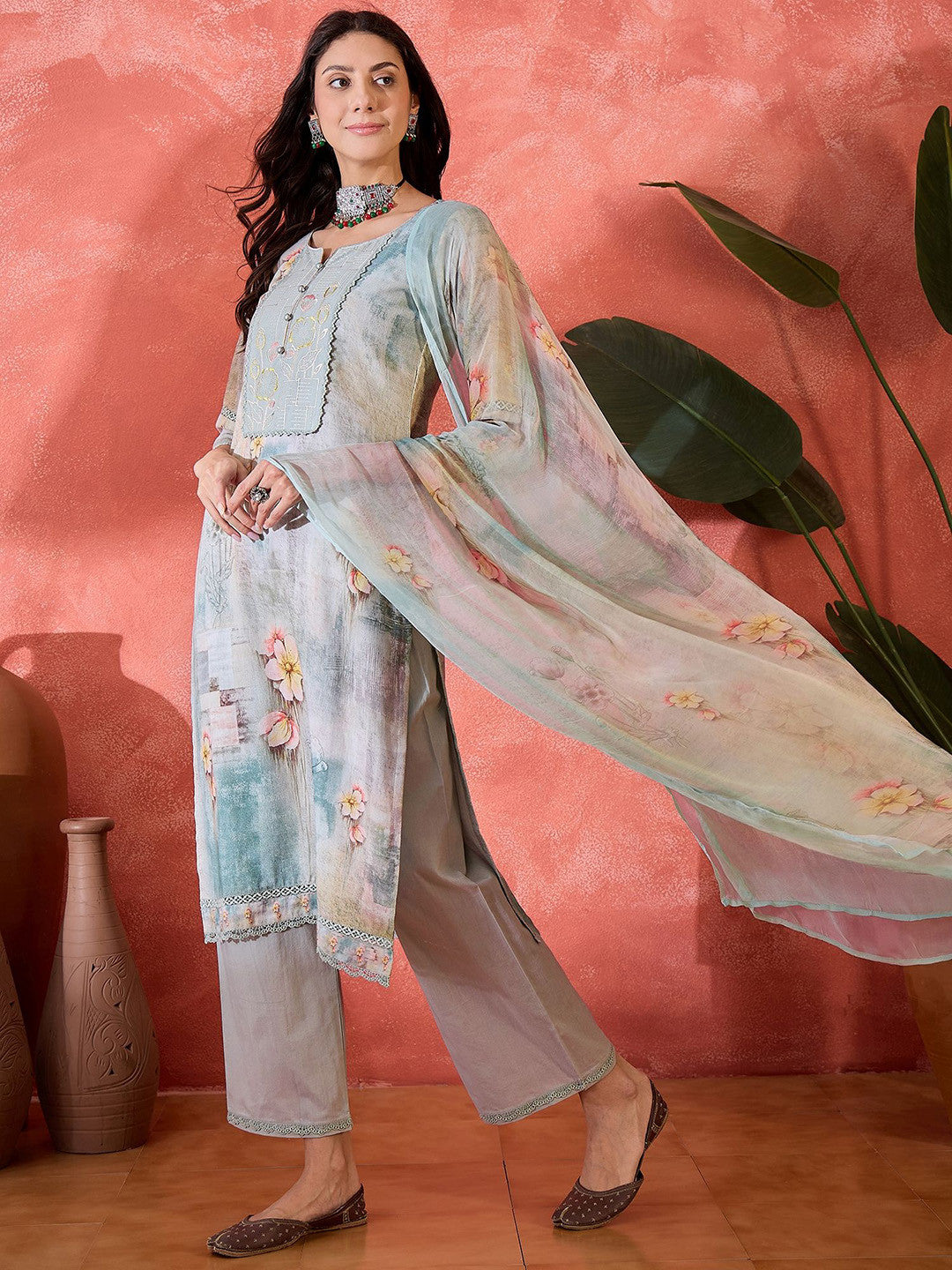 Women Floral Embroidered Cotton Kurta with Trousers & Dupatta