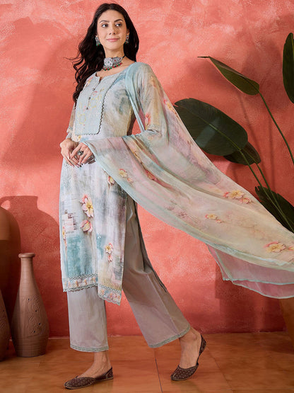Women Floral Embroidered Cotton Kurta with Trousers & Dupatta