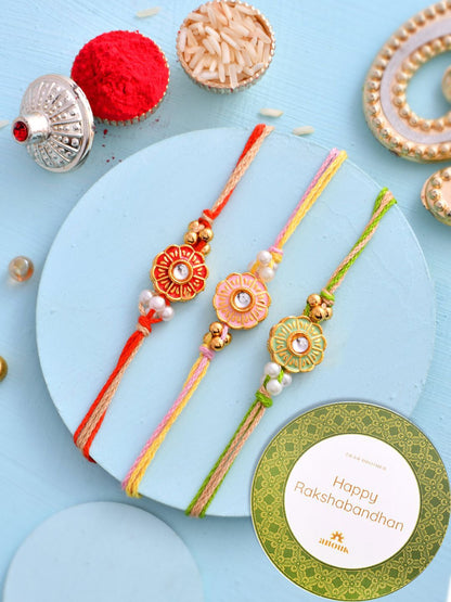 Dhiyona Red Set of 3 Kundan-Studded & Beaded Thread Rakhi
