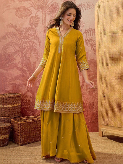 Embroidered V-Neck Kurta & Sharara With Dupatta