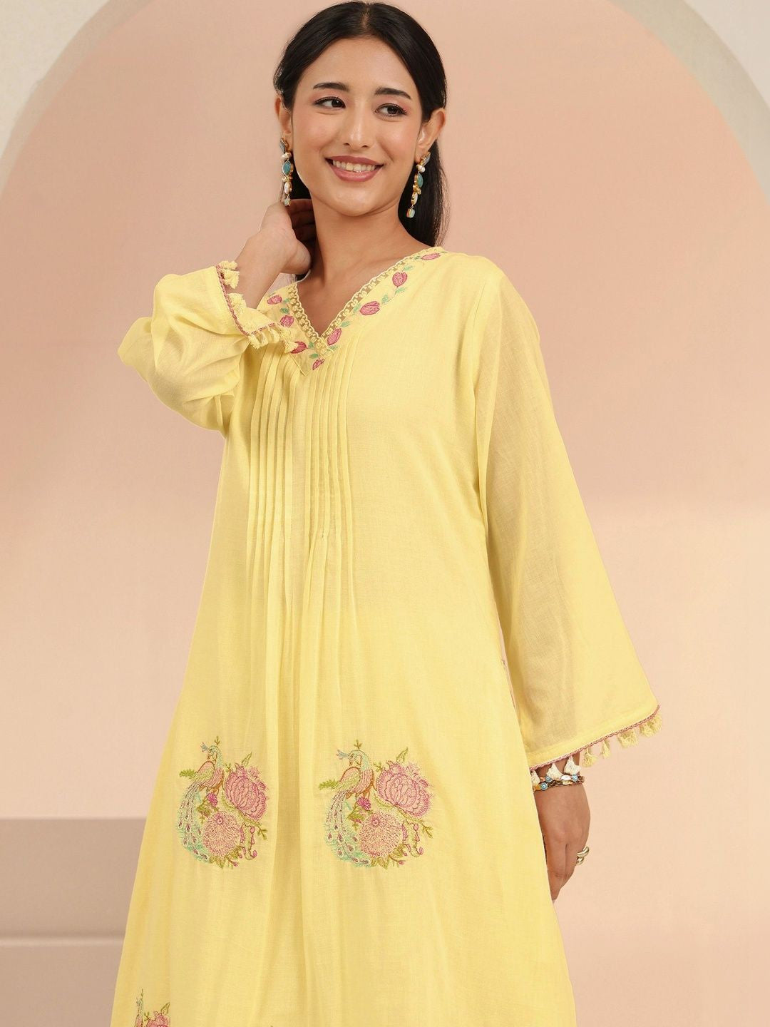 Off White Peacock Motif Cotton A-Line Kurta Set