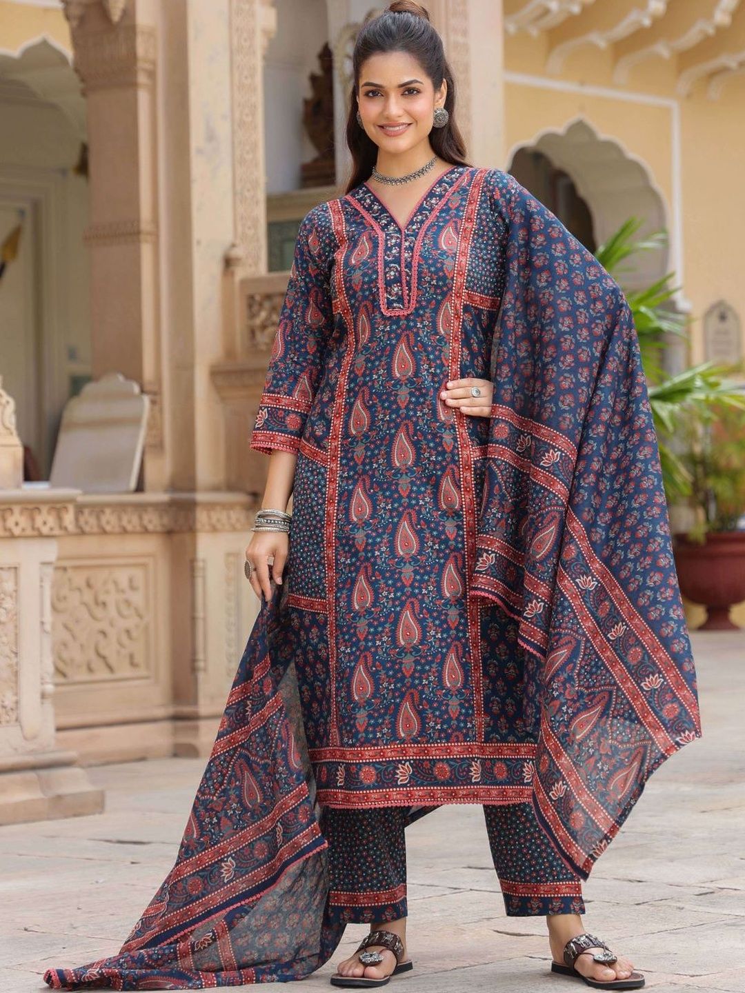 Dhiyona RR Women's Ethnic Motifs Printed Pleated Pure Cotton Kurta with Trousers & With Dupatta