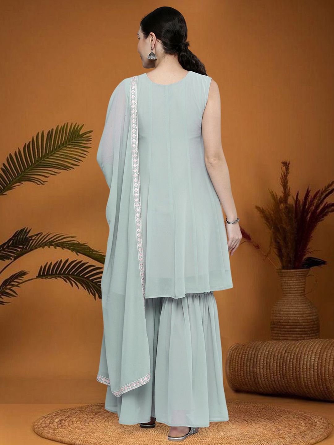 Dhiyona SN Floral Embroidered Sequinned Silk Georgette A-Line Kurta With Sharara & Dupatta