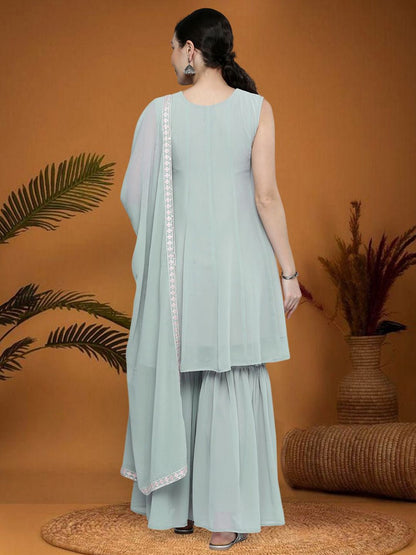 Dhiyona SN Floral Embroidered Sequinned Silk Georgette A-Line Kurta With Sharara & Dupatta