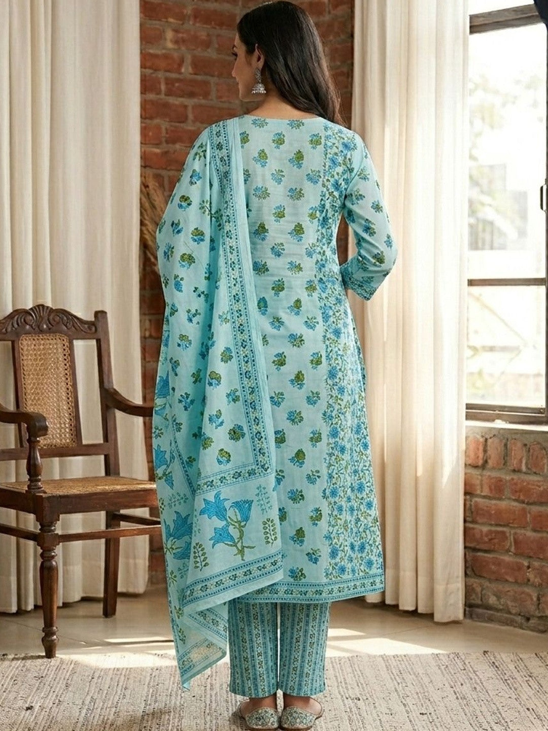 Women Floral Printed Empire Pure Cotton Kurta with Trousers & With Dupatta