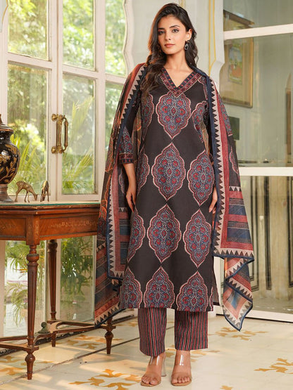 Dhiyona KL Ethnic Motifs Printed V-Neck Straight Kurta With Trousers And Dupatta