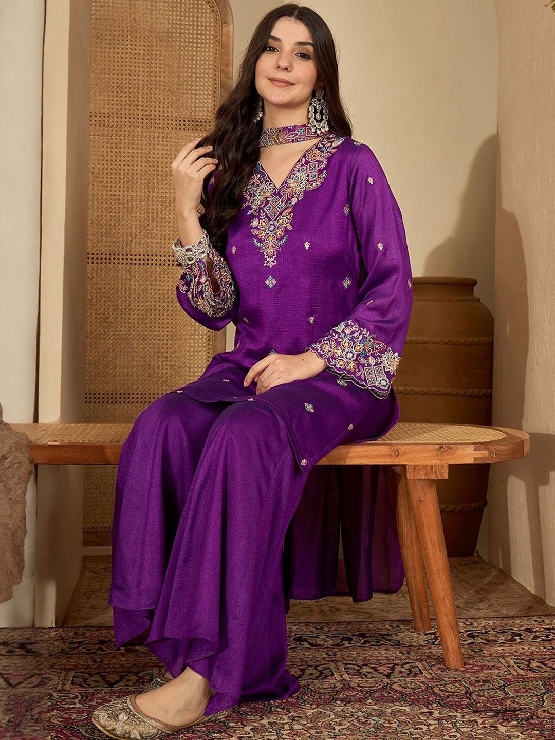 Dhiyona SN Sequence Embroidered Straight Kurta Sharara With Dupatta