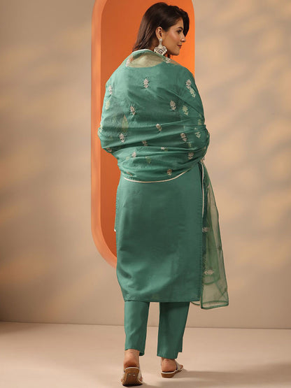 Floral Embroidered Thread Work Round Neck Kurta With Trousers & Dupatta