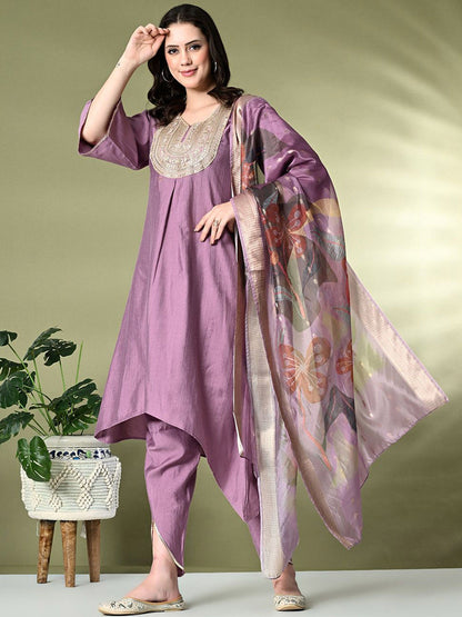 Ethnic MotifsEmbroidered Sequinned A-Line Kurta With Dhoti Pant & Dupatta