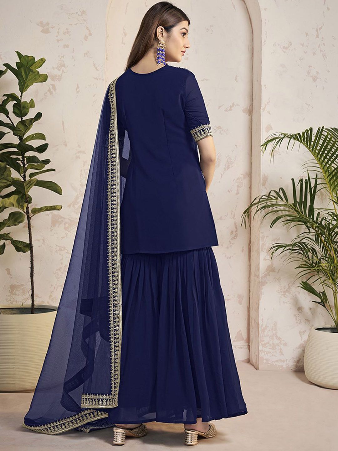 Dhiyona IN Women Ethnic Motifs Embroidered Regular Sequinned Kurta with Sharara & With Dupatta