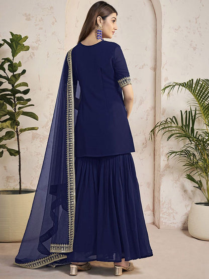 Dhiyona IN Women Ethnic Motifs Embroidered Regular Sequinned Kurta with Sharara & With Dupatta