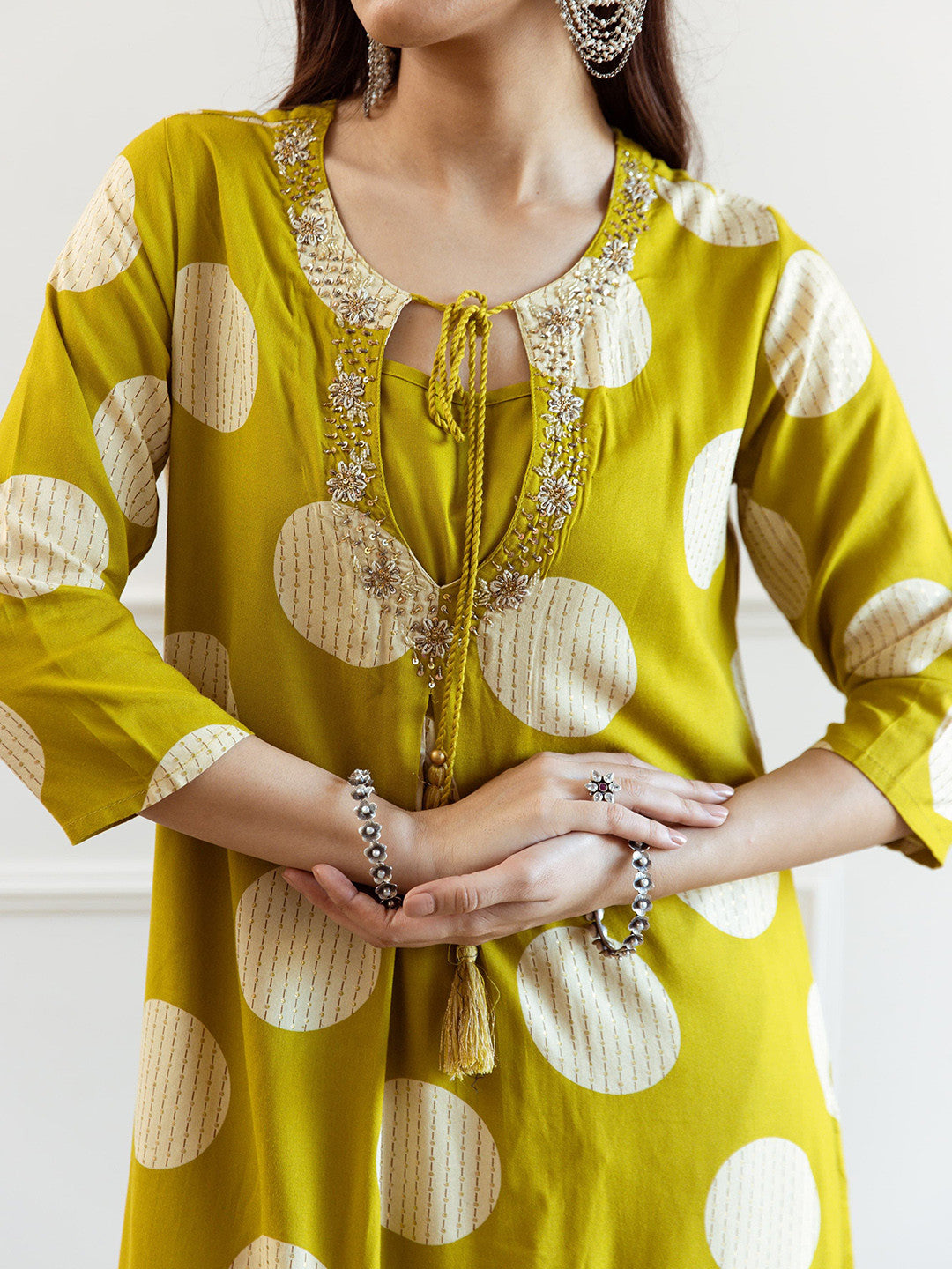 Geometric Printed Sequinned Tie-Up Neck Kurta & Palazzos