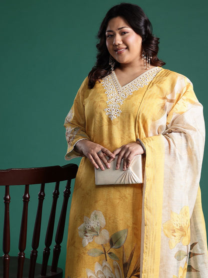 Dhiyona Women's Plus Size Floral Print Regular Thread Work Kurta with Palazzos & Dupatta