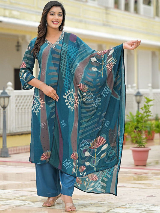 Dhiyona KL Women Printed Silk Crepe Kurta Sets With Dupatta