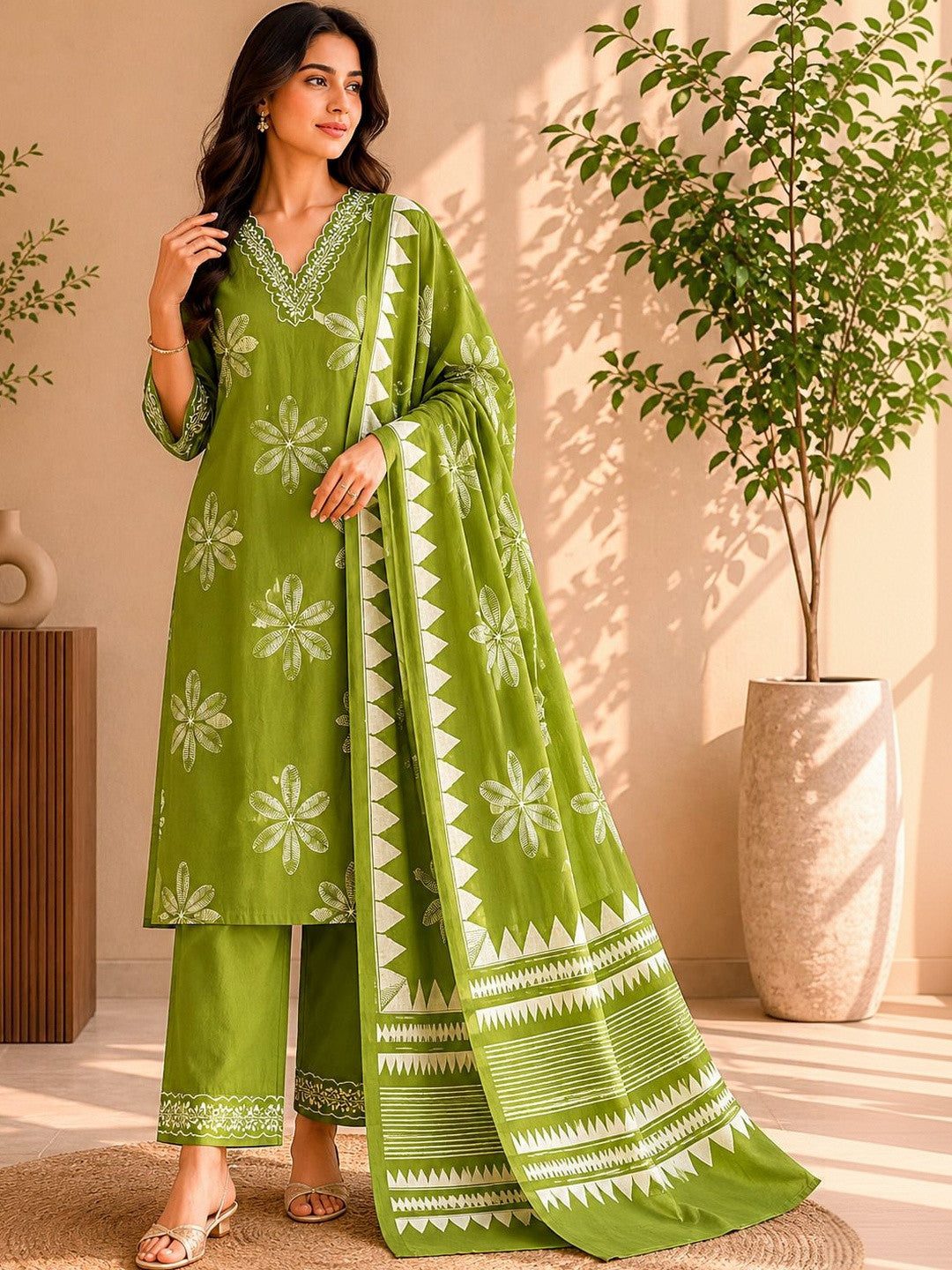 Women Floral Printed Regular Thread Work Pure Cotton Kurta with Trousers & With Dupatta