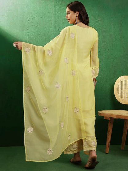Dhiyona SN Yellow & White Embroidered Organza Panelled Straight Kurta With Palazzos & Dupatta