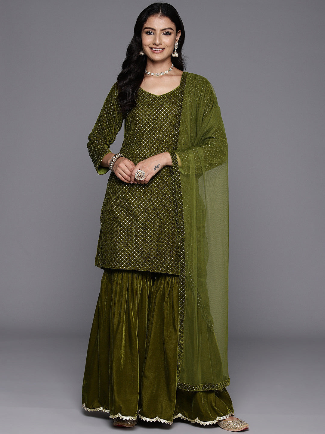 Embroidered Regular Sequinned Velvet Kurti with Sharara & Dupatta