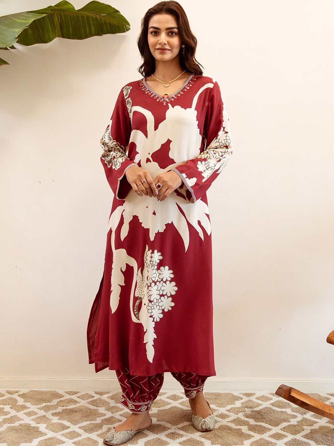 Dhiyona IS Women's Quirky Printed Beads and Stones Pure Cotton Kurta With Trousers & Dupatta