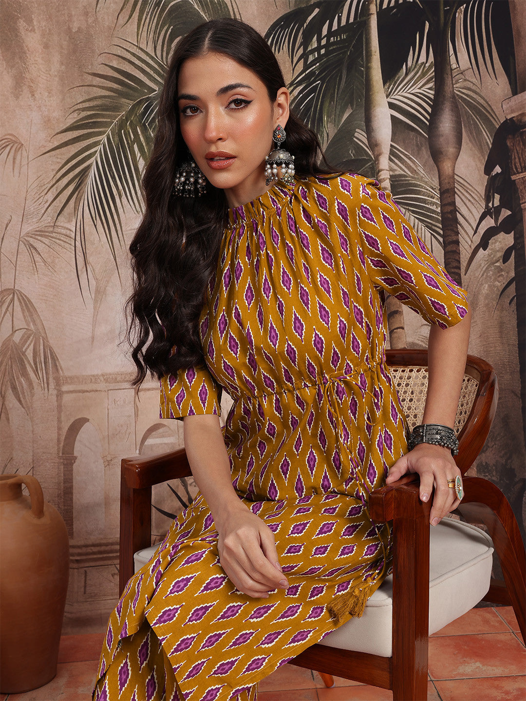 Ikat Printed Empire Style Pure Cotton Straight Kurta with Trousers