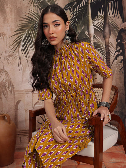Ikat Printed Empire Style Pure Cotton Straight Kurta with Trousers