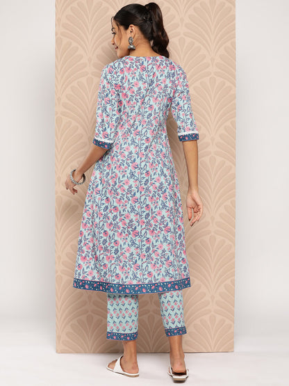 Floral Printed Panelled Pure Cotton Kurta with Trousers