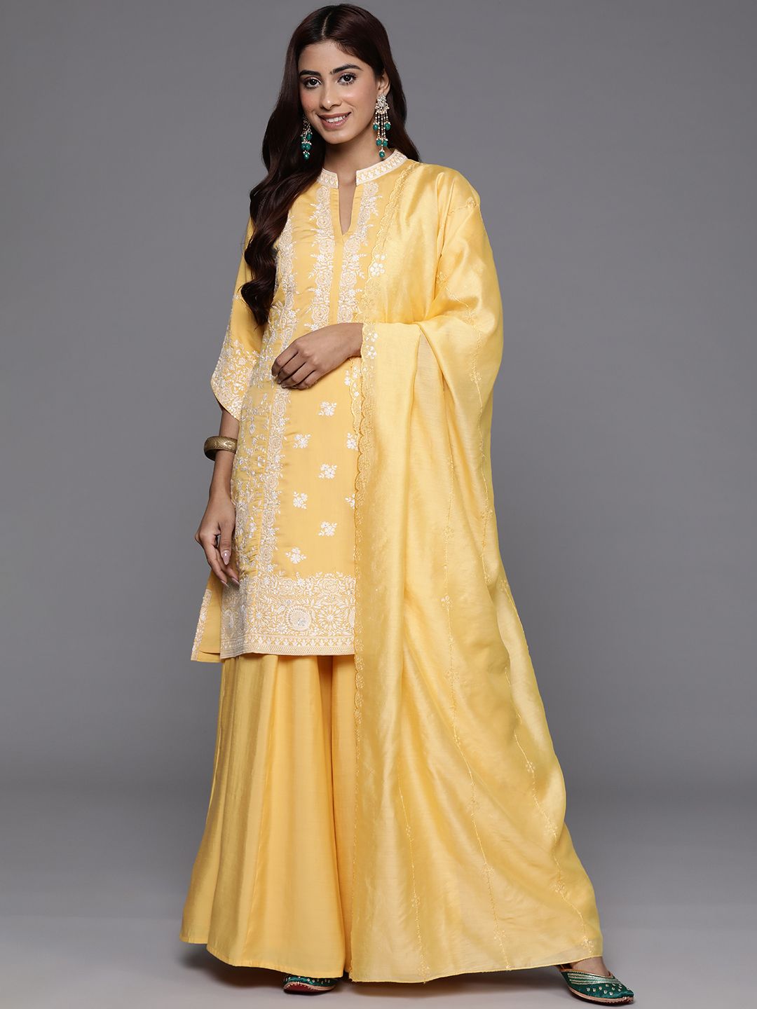 Dhiyona LL Floral Embroidered Sequinned Kurta with Palazzos & Dupatta
