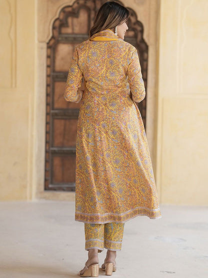 Dhiyona KL Floral Printed Pure Cotton Anarkali Kurta With Trousers & Dupatta