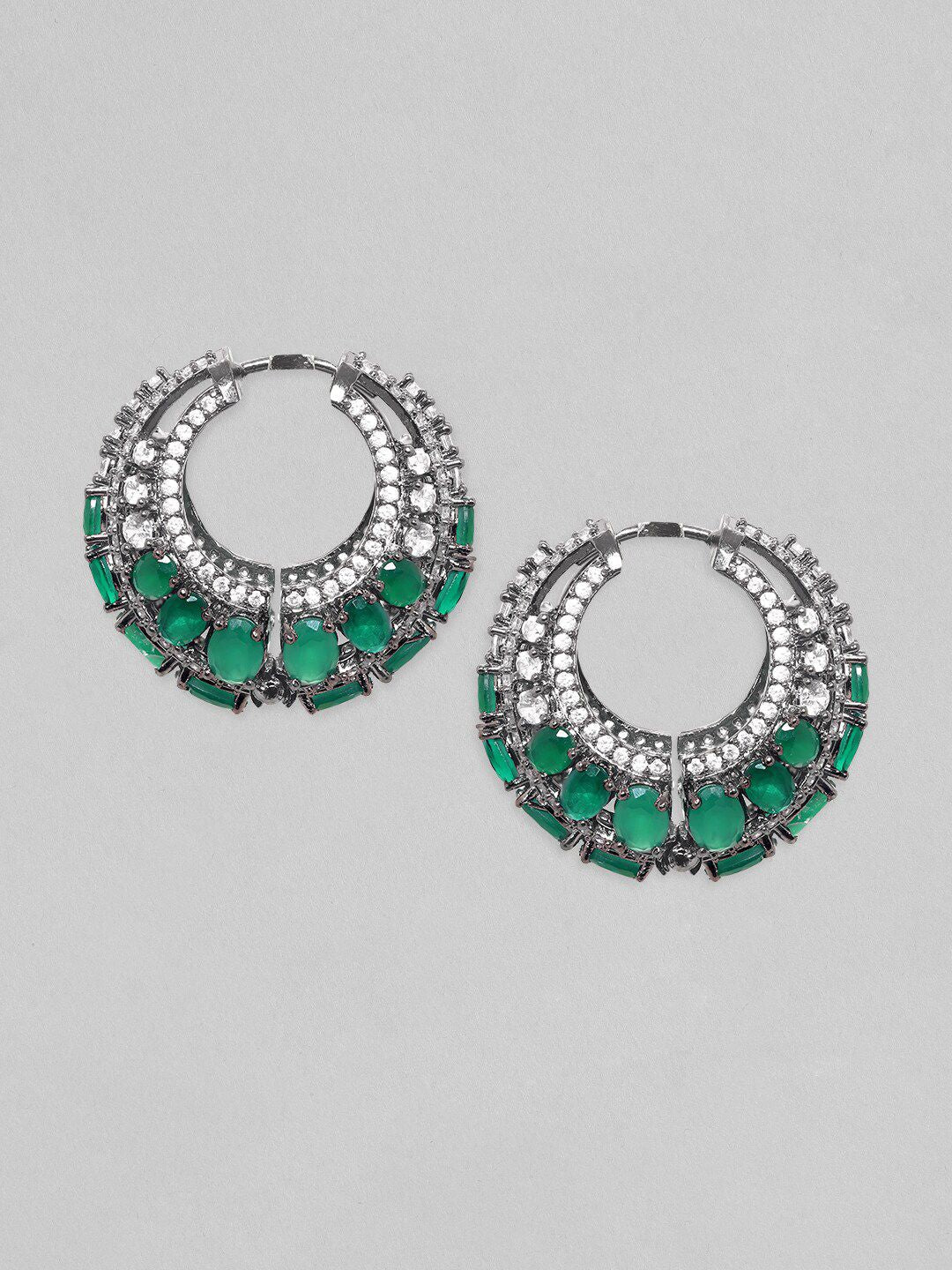 Dhiyona RJ Women's Rhodium Plated Emerald with AAA Cubic Zirconia Studded Luxurious Hoop Earrings