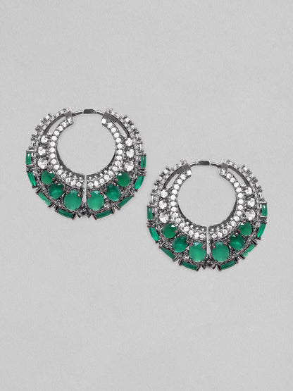 Dhiyona RJ Women's Rhodium Plated Emerald with AAA Cubic Zirconia Studded Luxurious Hoop Earrings